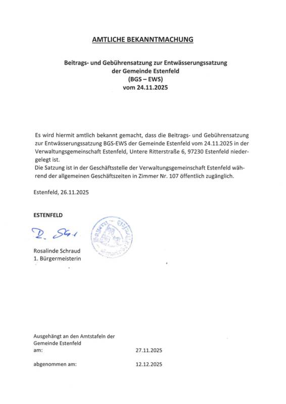 Bekanntmachung Beitrags- und Gebührensatzung zur Entwässerungssatzung der Gemeinde Estenfeld (BGS-EWS) vom 24.11.2025