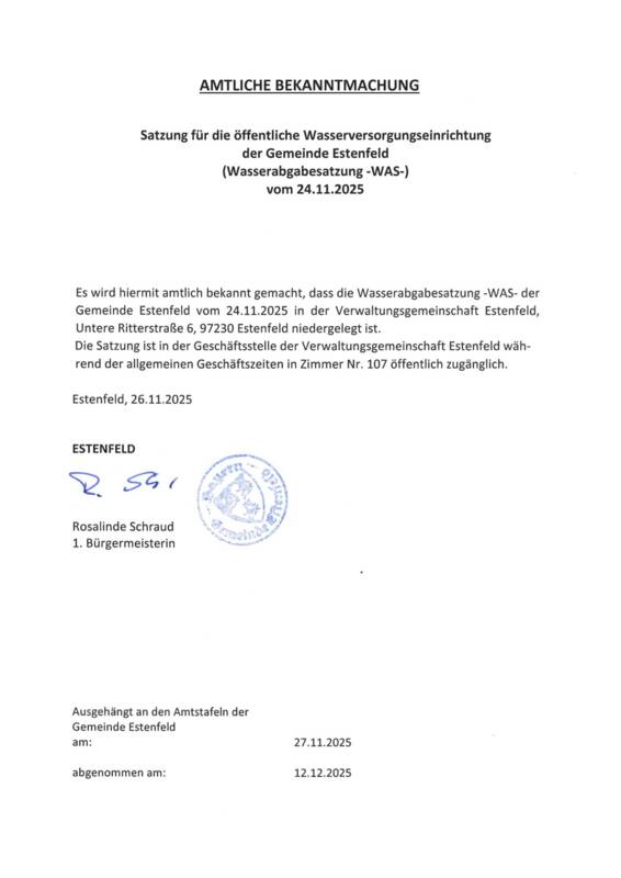 Bekanntmachung Satzung für die öffentliche Wasserversorgungseinrichtung der Gemeinde Estenfeld (Wasserabgabesatzung -WAS-) vom 24.11.2025