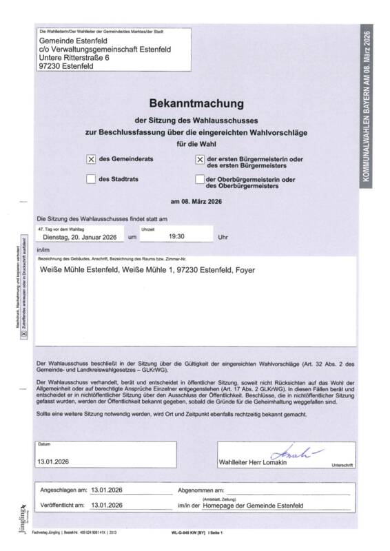 Bekanntmachung Sitzung des Wahlausschusses