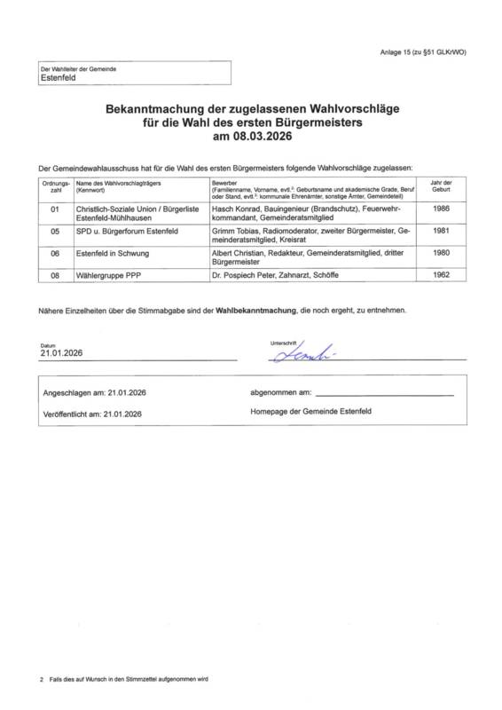 Bekanntmachung der zugelassenen Wahlvorschläge für die Wahl des Bürgermeisters am 08.03.26