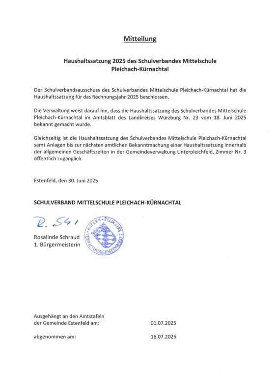Haushaltssatzung 2025 des Schulverbandes Mittelschule Pleichach-Kürnachtal