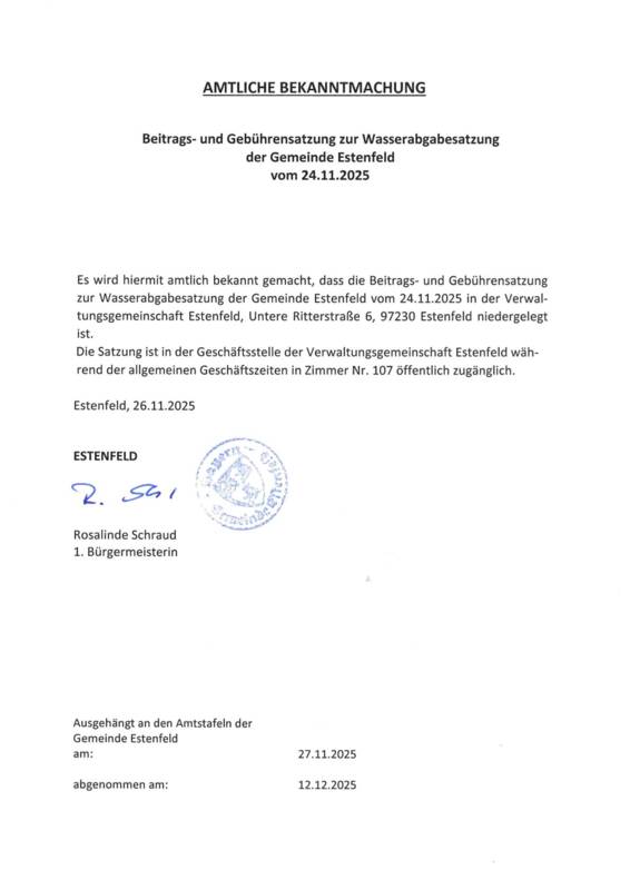 Bekanntmachung Beitrags- und Gebührensatzung zur Wasserabgabesatzung der Gemeinde Estenfeld vom 24.11.2025
