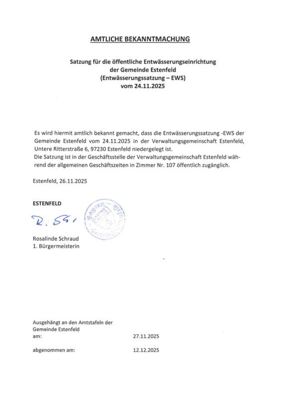 Bekanntmachung Satzung für die öffentliche Entwässerungseinrichtung der Gemeinde Estenfeld (Entwässerungssatzung -EWS) vom 24.11.2025