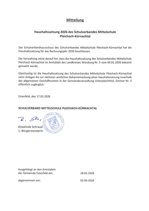 Mitteilung Haushaltssatzung 2026 des Schulverbandes Mittelschule Pleichach-Kürnachtal
